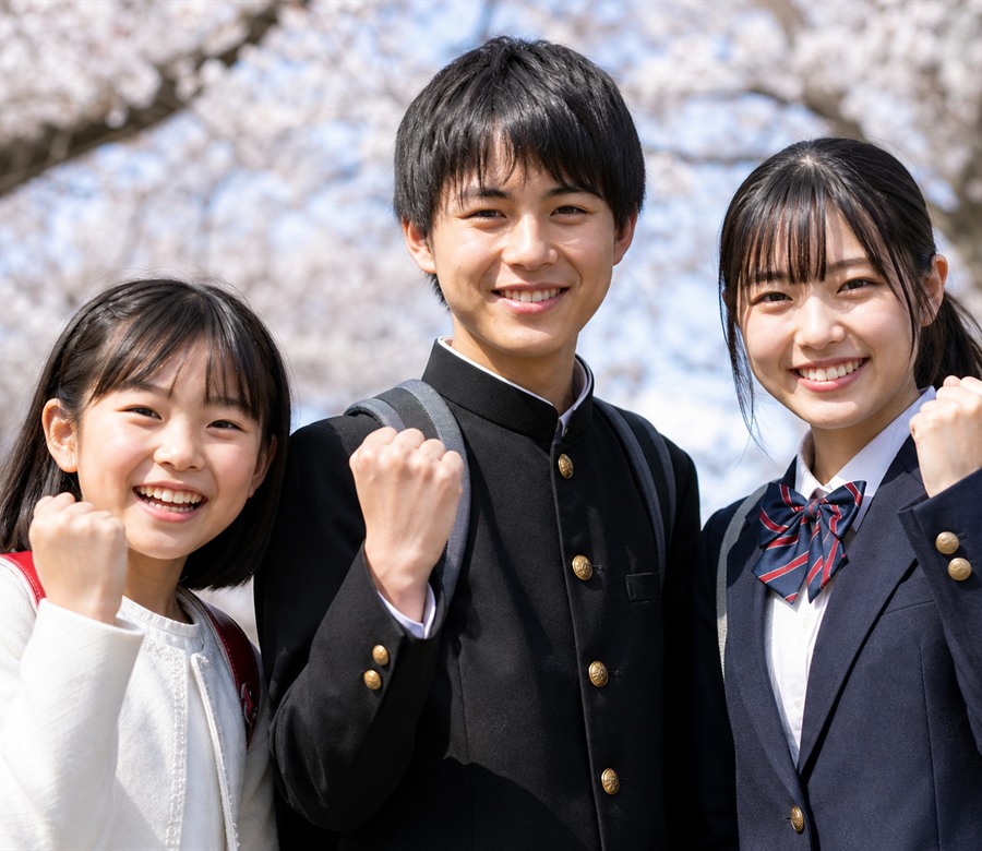 桜の下で喜ぶ生徒たち